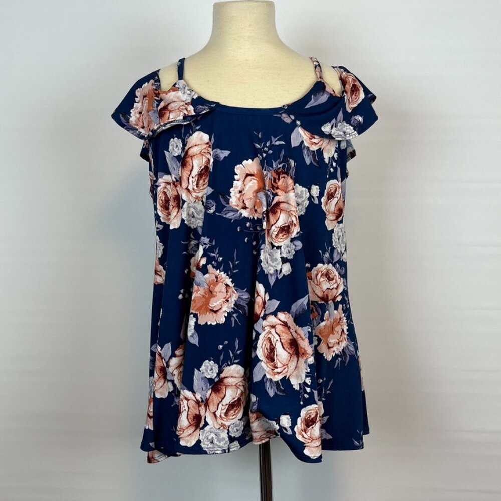First Love Blue Floral Cold Shoulder Shirt Top Blouse ((size medium))